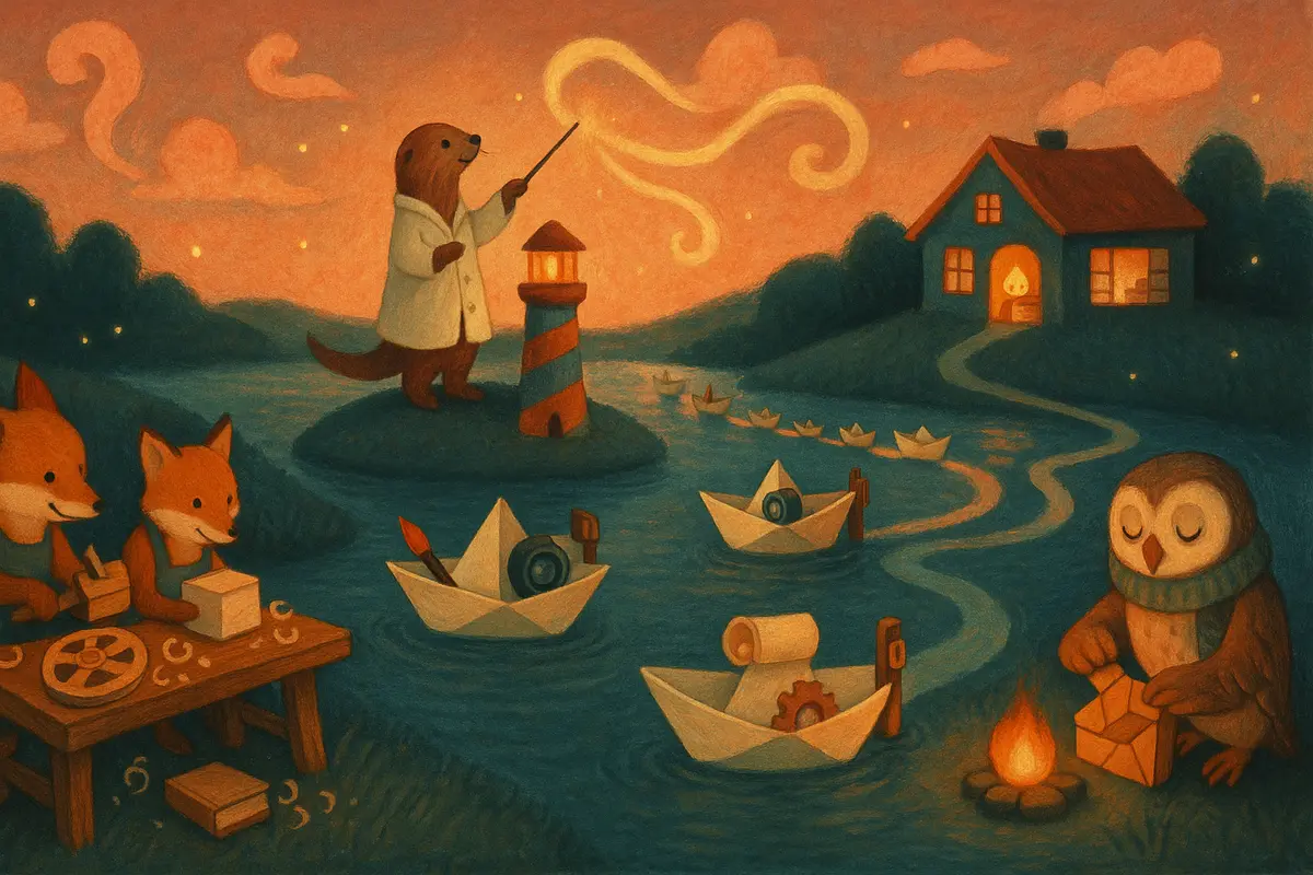 A wide illustrated landscape at dusk. On a small round island in the centre, an otter in a coat stands atop a tiny lighthouse and waves a baton, guiding paper boats from several separate ponds into one winding canal. The canal leads to a cozy cottage on a hill with glowing windows, where a small lantern-shaped creature sorts papers inside. On the near bank, three foxes in aprons build a wooden film reel, a camera and a book at a workbench. Nearby, an owl by a hearth works on a wooden puzzle, and a large paper boat tows a line of smaller ones.